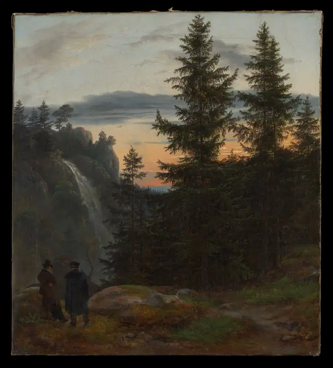 Dos hombres ante una cascada al atardecer, Johan Christian Dahl