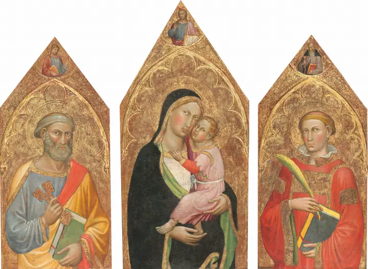 Virgen con el Niño bendiciendo, y los santos Pedro, Santiago el Mayor, Antonio Abad y un santo diácono [trípti, Martino di Bartolomeo