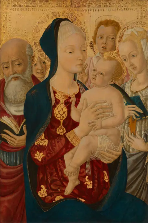Virgen con el Niño, San Jerónimo, Santa Catalina de Alejandría y ángeles, Matteo di Giovanni