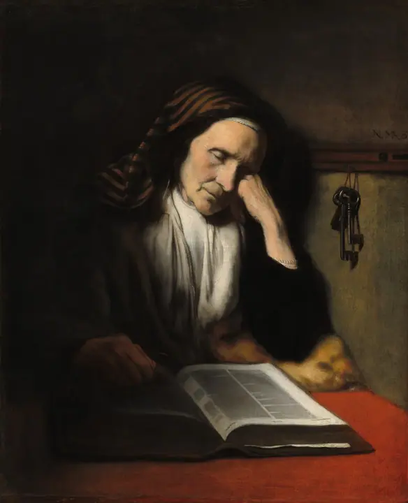 Anciana dormitando sobre un libro, Nicolaes Maes