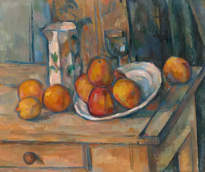 Bodegón con jarra de leche y fruta, Paul Cézanne