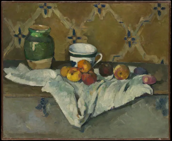 Bodegón con tarro, taza y manzanas, Paul Cézanne