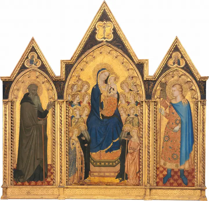 Virgen con el Niño entronizada con santos, y san Antonio Abad y san Venancio (tríptico completo), Puccio di Simone
