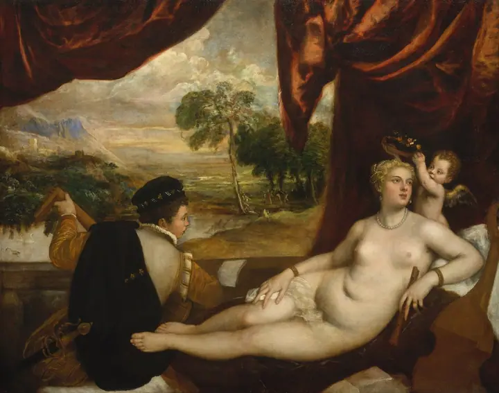 Venus y el músico de laúd, Tiziano Vecellio