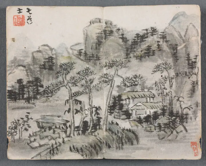 Álbum en miniatura con figuras y paisaje (Paisaje con dos edificios), Zeng Yandong